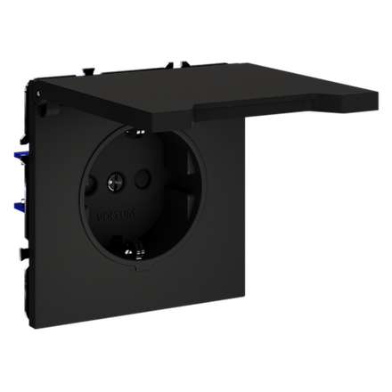 Розетка встраиваемая VOLTUM S70 с заземлением, защитными шторками и крышкой 16А, (черный матовый)