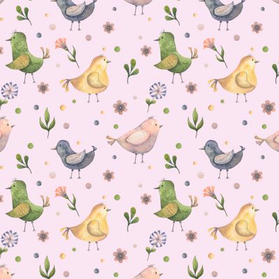 Птицы с весенними цветами розовый фон