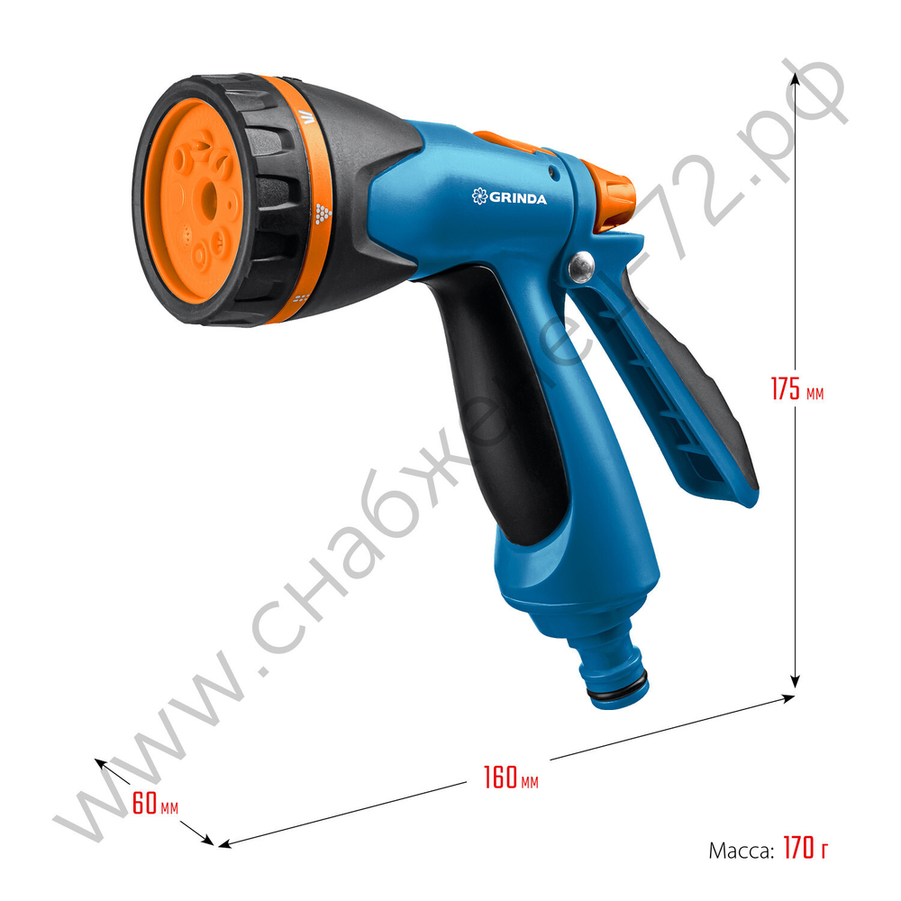 GRINDA B-8, 8 режимов, курок сзади, двухкомпонентный, поливочный пистолет, PROLine (429110)