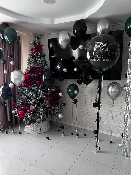 Воздушные гелиевые шарики с доставкой по Хабаровску Корпоратив зеленый/серебро/черный №4518