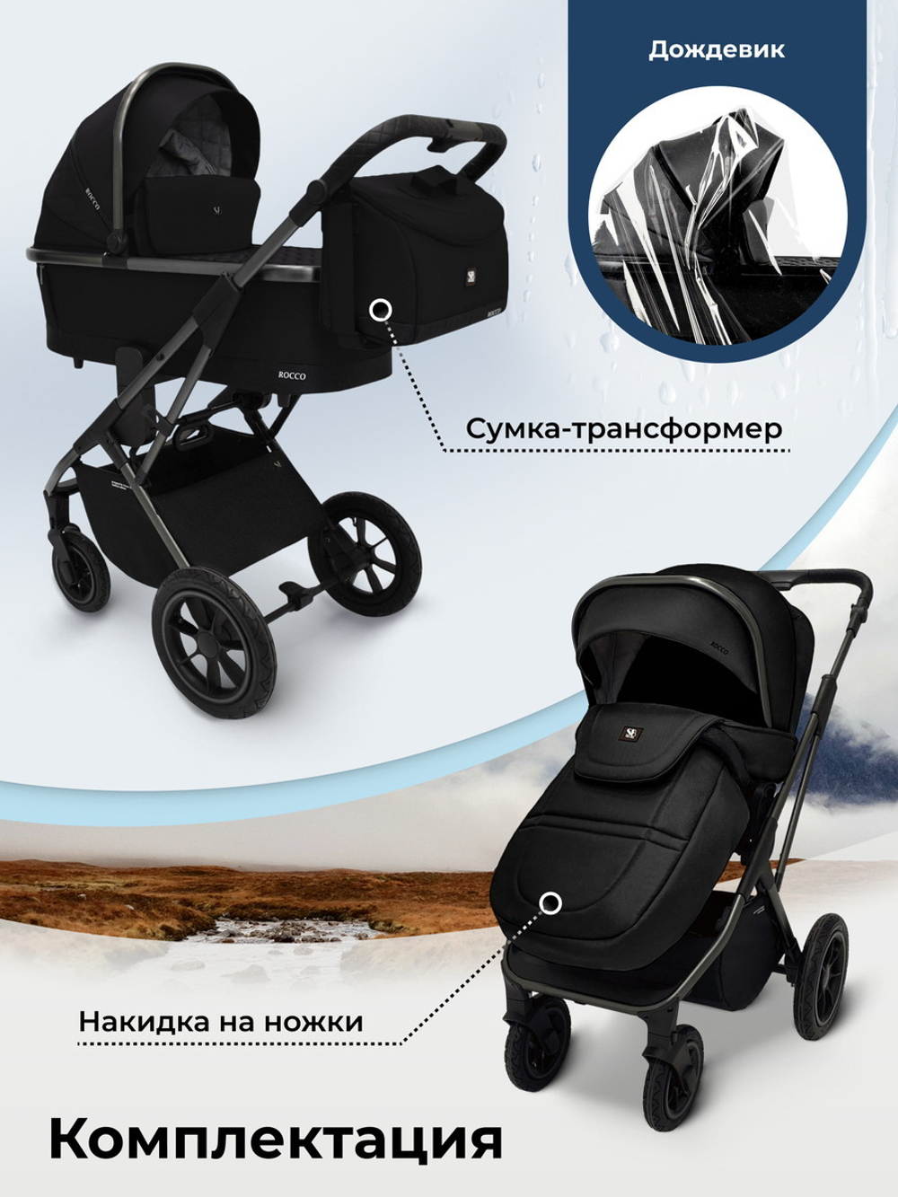 Коляска 4 в 1 Sweet Baby Rocco Air + автокресло Elegante Plus с базой i-Size ISOFIX DK780 Black (Air)