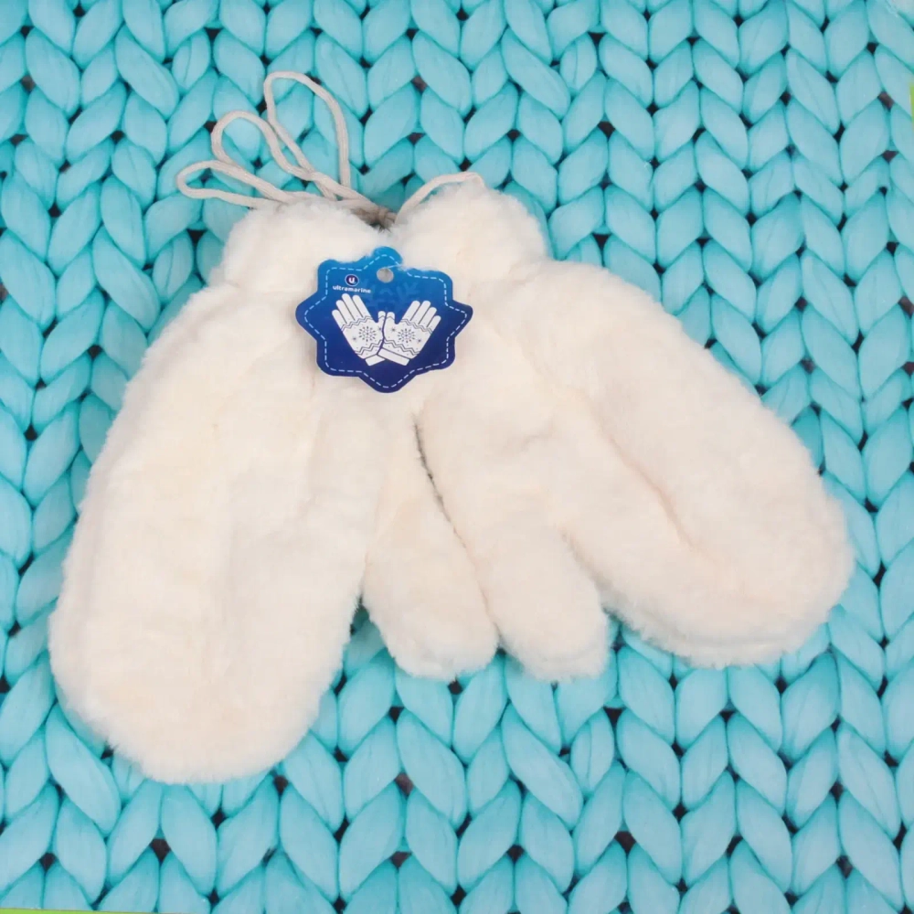 Варежки женские с мягким ворсом «Zima», цвет белый, эластичный манжет 6см, на шнурке, цвет белый зефир, 12,5*26см,( пакет с подвесом)