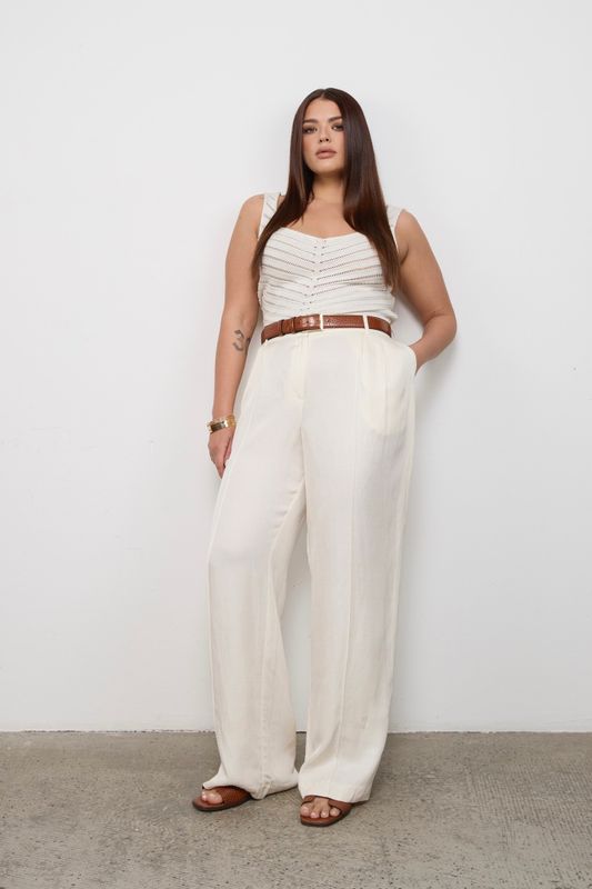 Брюки со стрелками из премиального льна, молочный