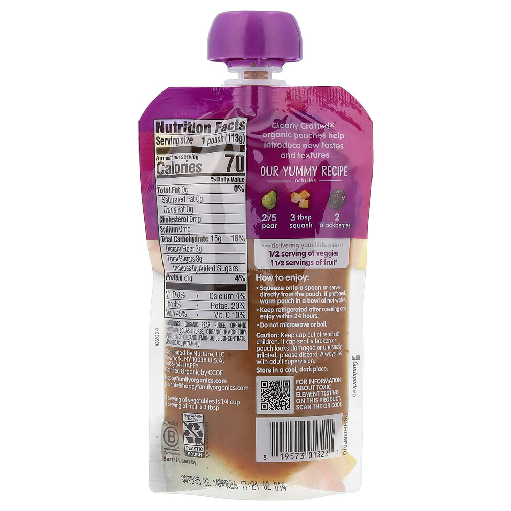 Happy Family Organics, Happy Baby®, органическое детское питание, для детей от 6 месяцев, груши, тыква и ежевика, 113 г (4 унции)