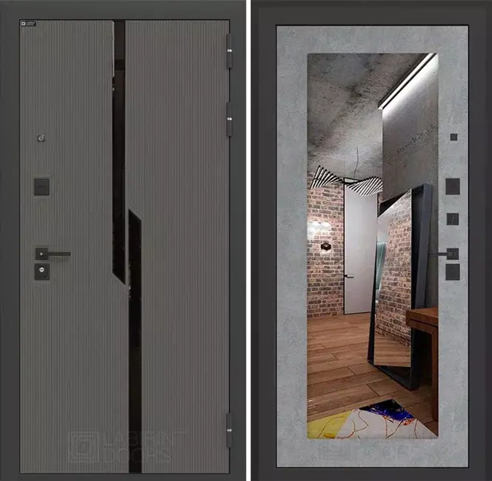 Входная металлическая дверь CARBON (Карбон) с зеркалом 18 Бетон светлый / Графит Лофт