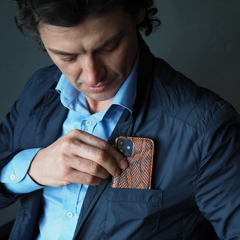 Чехол для iPhone 12 Mini из натуральной кожи питона, коричневого цвета