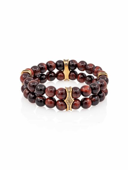 Браслет двойной из бычьего глаза 8 мм с шармом Всевидящее око из бронзы, вид спереди