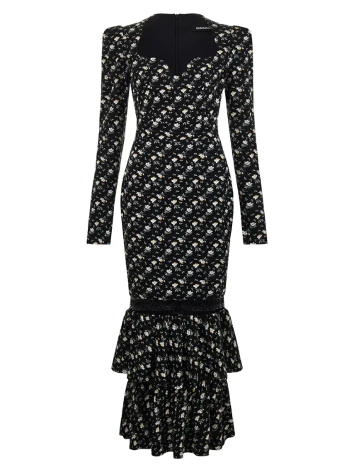 Шелковое платье макси с декольте и воланами цветочки