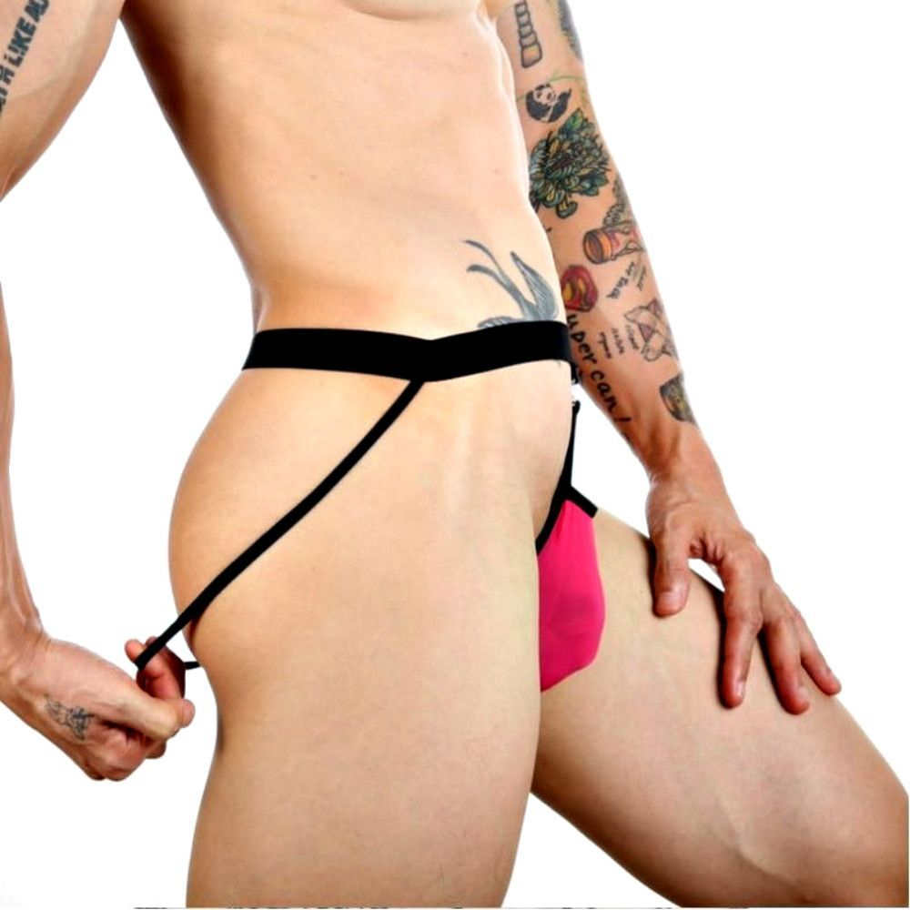 Розовые сексуальные трусы-джоки на тонких черных ремешках (Размер: L) (Цвет: розовый с черным)
