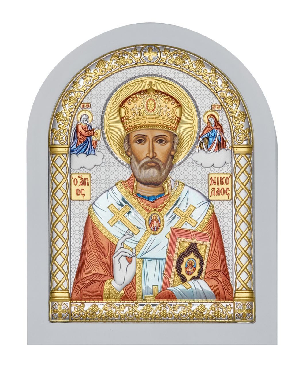 Николай Чудотворец, икона арочная, белое дерево, эмаль 206х275