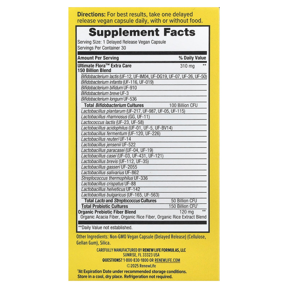 Renew Life, Extra Care, пробиотик Ultimate Flora™, 30 веганских капсул с отсроченным высвобождением