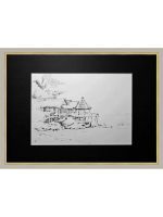 Картина, графика в паспарту 21х30 см на стену для интерьера "Хижины на сваях"