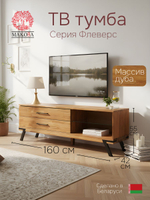 Тумба под телевизор, 160х42х55, Флеверс, с ящиками, напольная, из массива дуба с металлом, MAKOSA