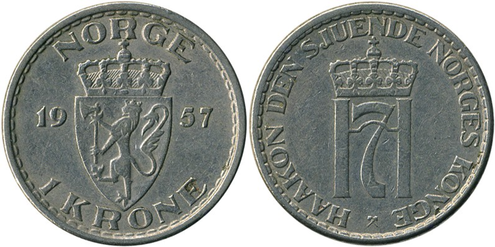 Норвегия 1 крона, 1951 - 1957 Король Хокон VII XF
