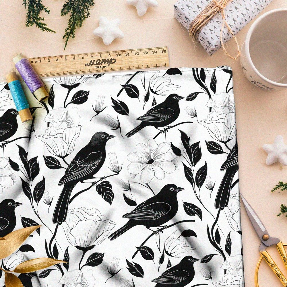 Ткань премиум Оксфорд 600D темные соловьи на белом