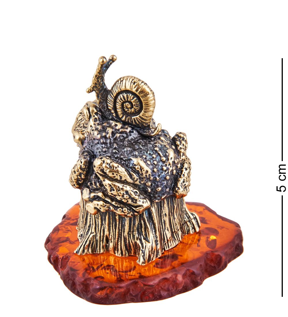 Народные промыслы AM-3685 Фигурка «Лягушка Жаба на пне» (латунь, янтарь)
