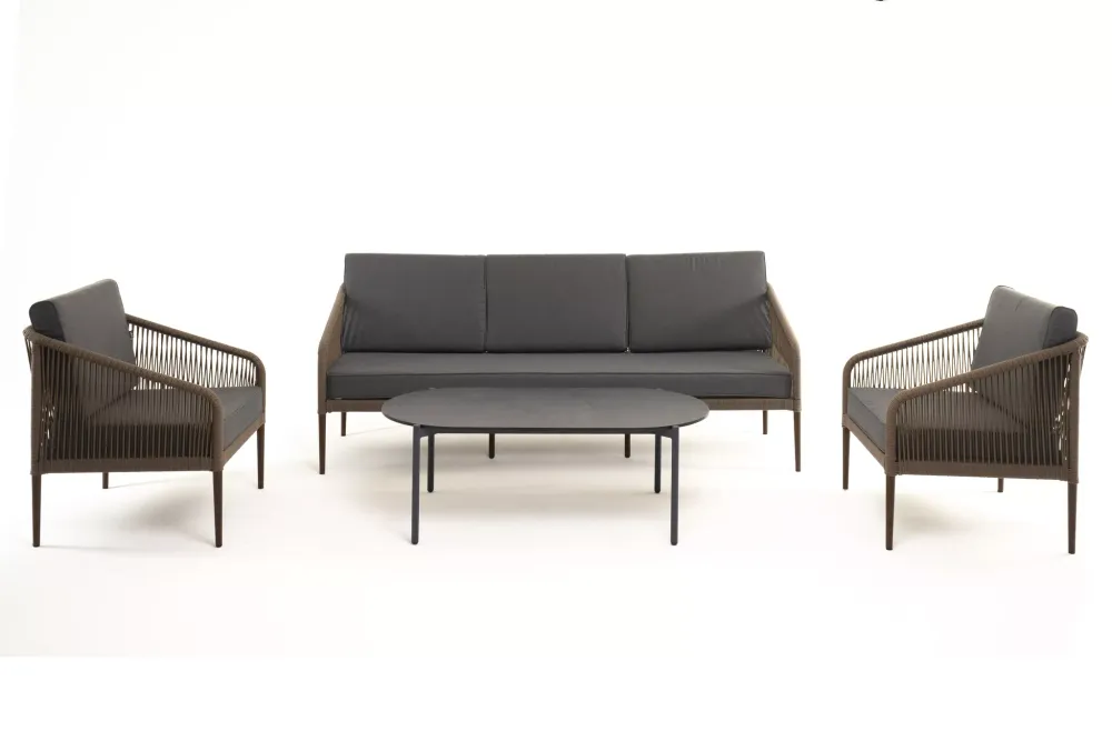 "Канны" лаунж-зона 5-местная из роупа со столом "Верона" (серый гранит), каркас алюминиевый коричневый, роуп коричневый