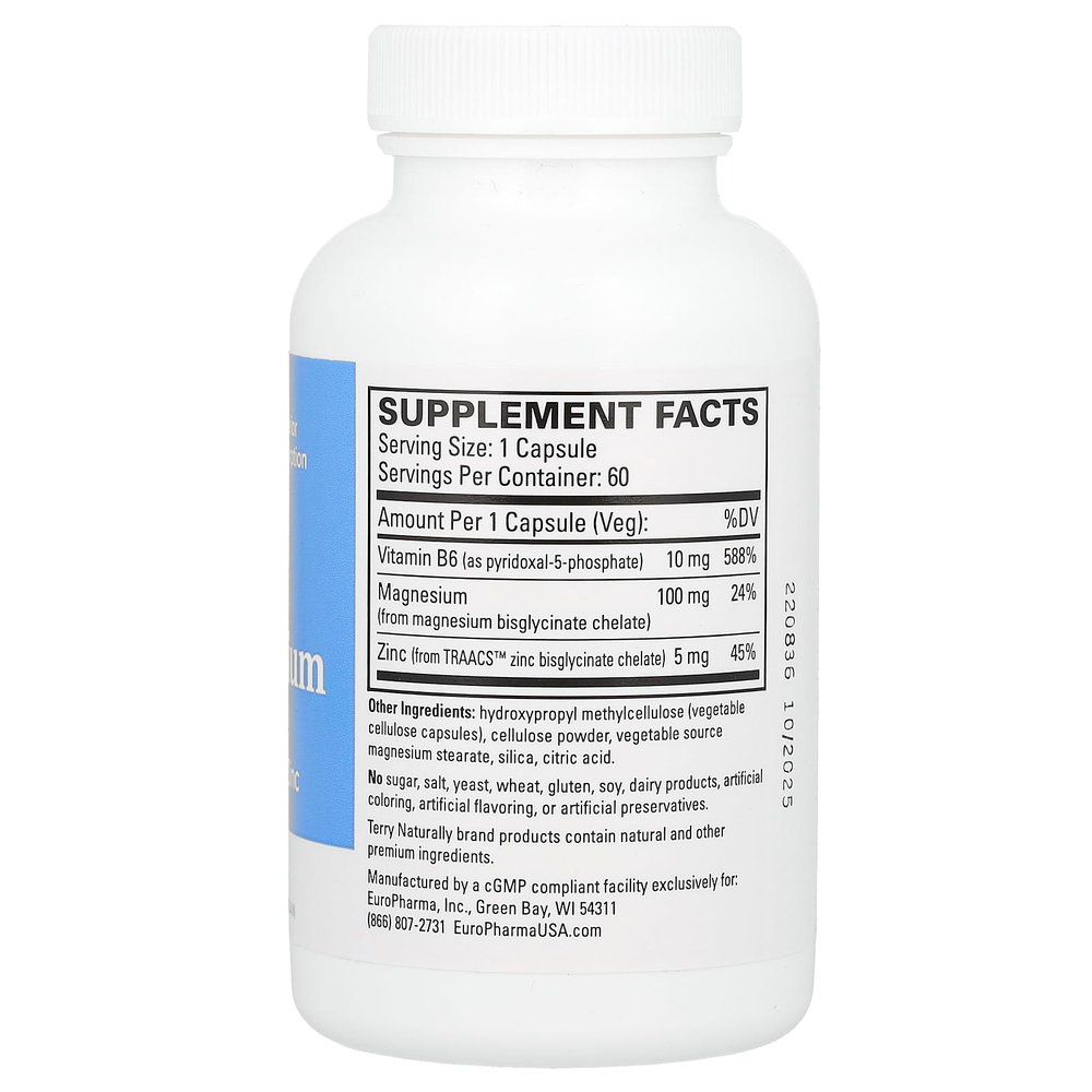 Terry Naturally, биоактивный комплекс магния с P-5-P и цинком, 60 капсул