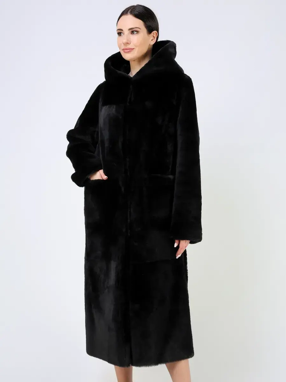 Дубленка зимняя шуба натуральная с капюшоном длинная