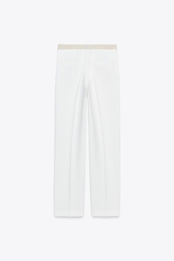 ZARA ПРЯМЫЕ БРЮКИ С КОМБИНИРОВАННЫМ ПОЯСОМ, ЖЕЛТОВАТО-БЕЛЫЙ