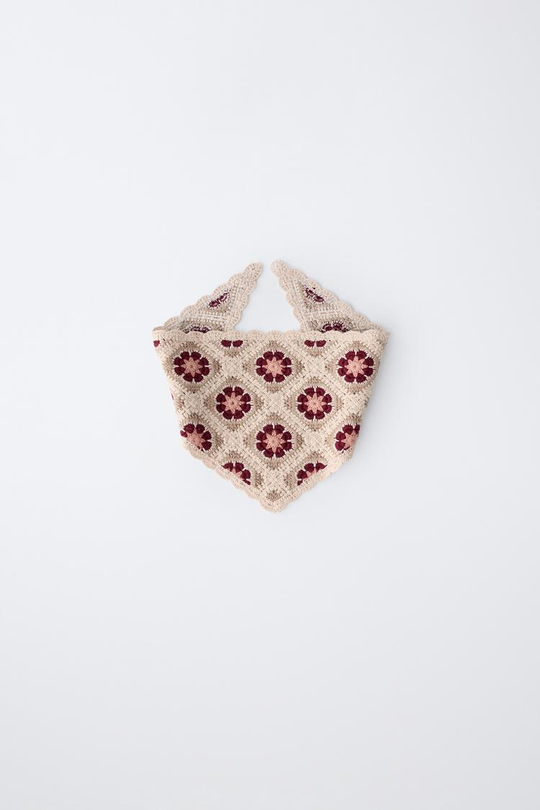 ZARA БАНДАНА С ЦВЕТОЧНЫМ КРУЖЕВОМ КРОШЕ, СВЕТЛО-БЕЖЕВЫЙ