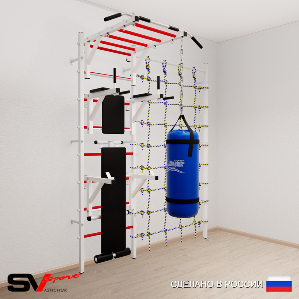 Шведская стенка Sv Sport 52610 (Турник рукоход/Брусья/Стойка/Скамья/Цепь/Мешок 15кг/Канатный лаз)