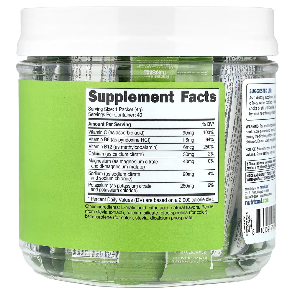 Nutricost, Электролиты, улучшенный комплекс для увлажнения, зеленое яблоко, 40 пакетиков по 4 г (0,1 унции)