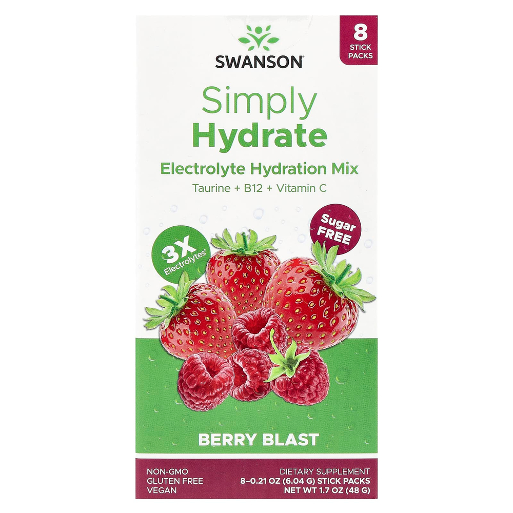 Swanson Vitamins, Simply Hydrate, смесь для гидратации электролитов, Berry Blast, 8 пакетиков в виде стиков по 6,04 г (0,21 унции)