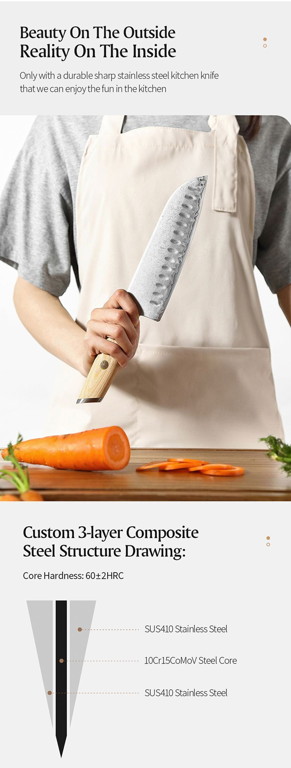 Кухонный нож Xinzuo B37S Santoku нож 7 дюймов клинок 3 Layers Composite рукоять дерево pakka, длина лезвия 18,2 см