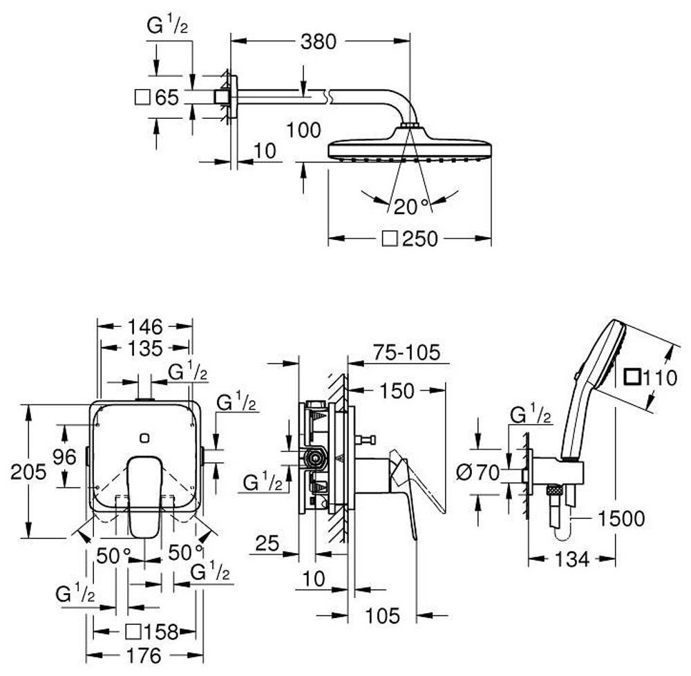 Набор для душа скрытого монтажа GROHE с Tempesta 250 (1053360000)