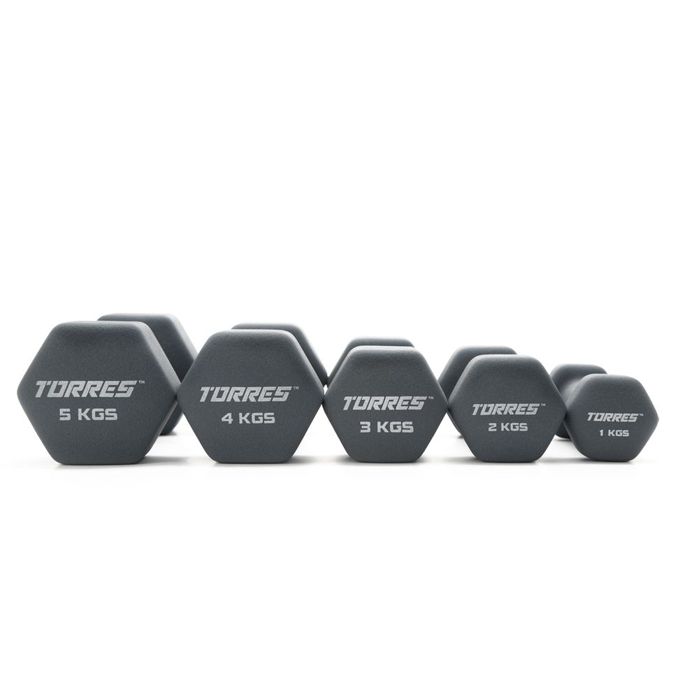 Гантель TORRES 5 кг, PL522505, металл в неопреновой оболочке, форма шестигранник,  серый