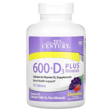21st Century кальций 600 + D3 Plus Minerals фруктовый пунш