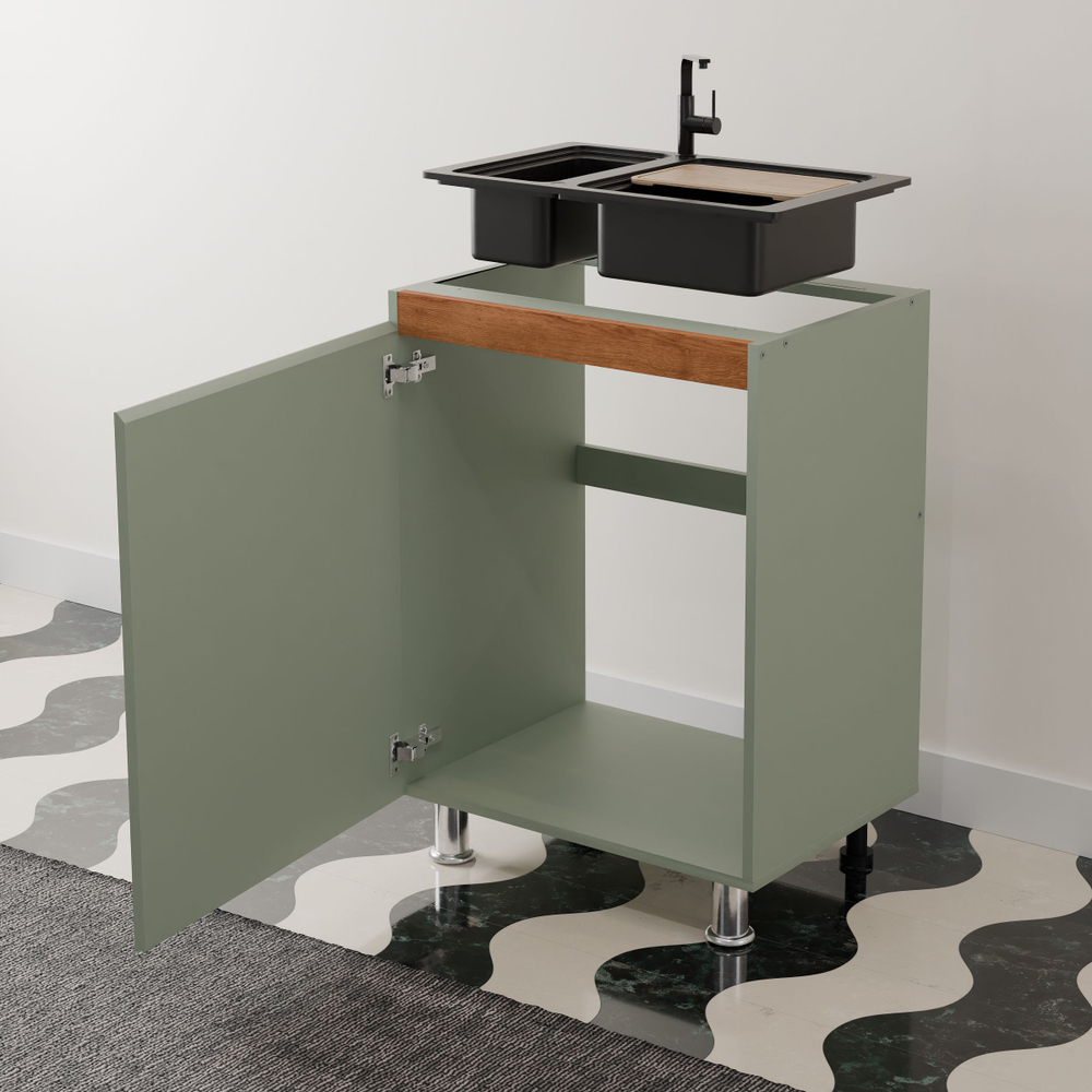 Кухонный модуль напольный под мойку 60 см Малага со столешницей, с дубовой панелью, на ножках / зеленый самшит, массив дуба