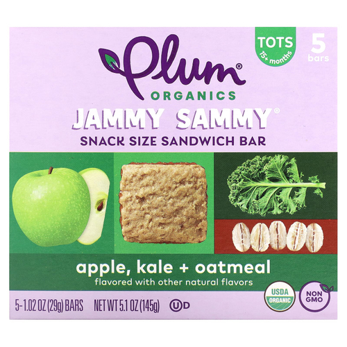 Plum Organics, Jammy Sammy, сэндвич-батончик для детей от 15 месяцев, яблоко, капуста и овсянка, 5 батончиков, 29 г (1,02 унции)