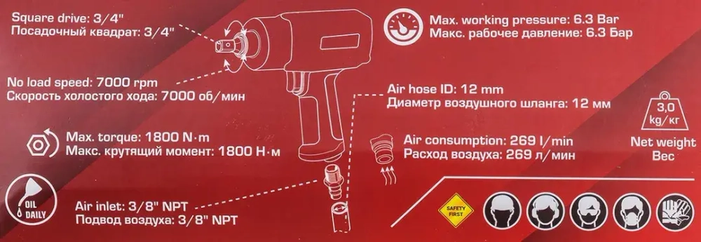 Пневмогайковерт ударный ''Twin Hammer''с реверсом и регулировкой усилия в облегченном корпусе 3/4''(1800Hм, 7000 об/мин,6.3bar,269л/мин,вес 3кг) RockForce##Rock FORCE RF-82566