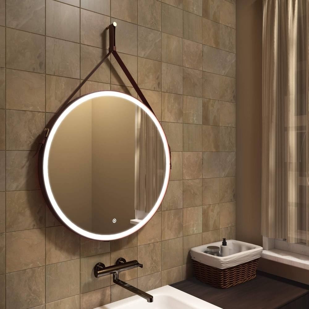 Зеркало Millenium Brown Led D 650 на ремне из натуральной кожи коричневого цвета