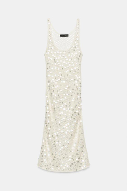 ZARA ПЛАТЬЕ МИДИ С СЕТКОЙ И ПАЙЕТКАМИ, ЭКРЮ