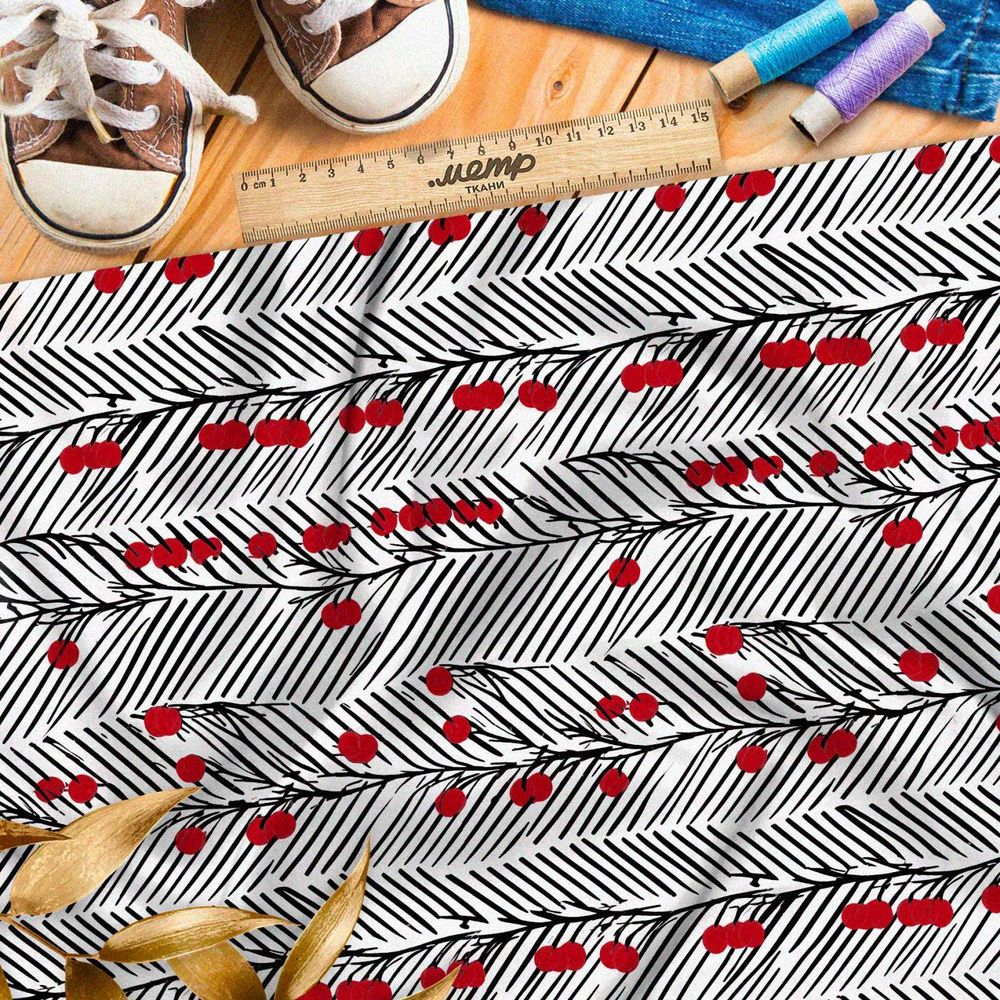Ткань премиум флис красные ягоды в полосках