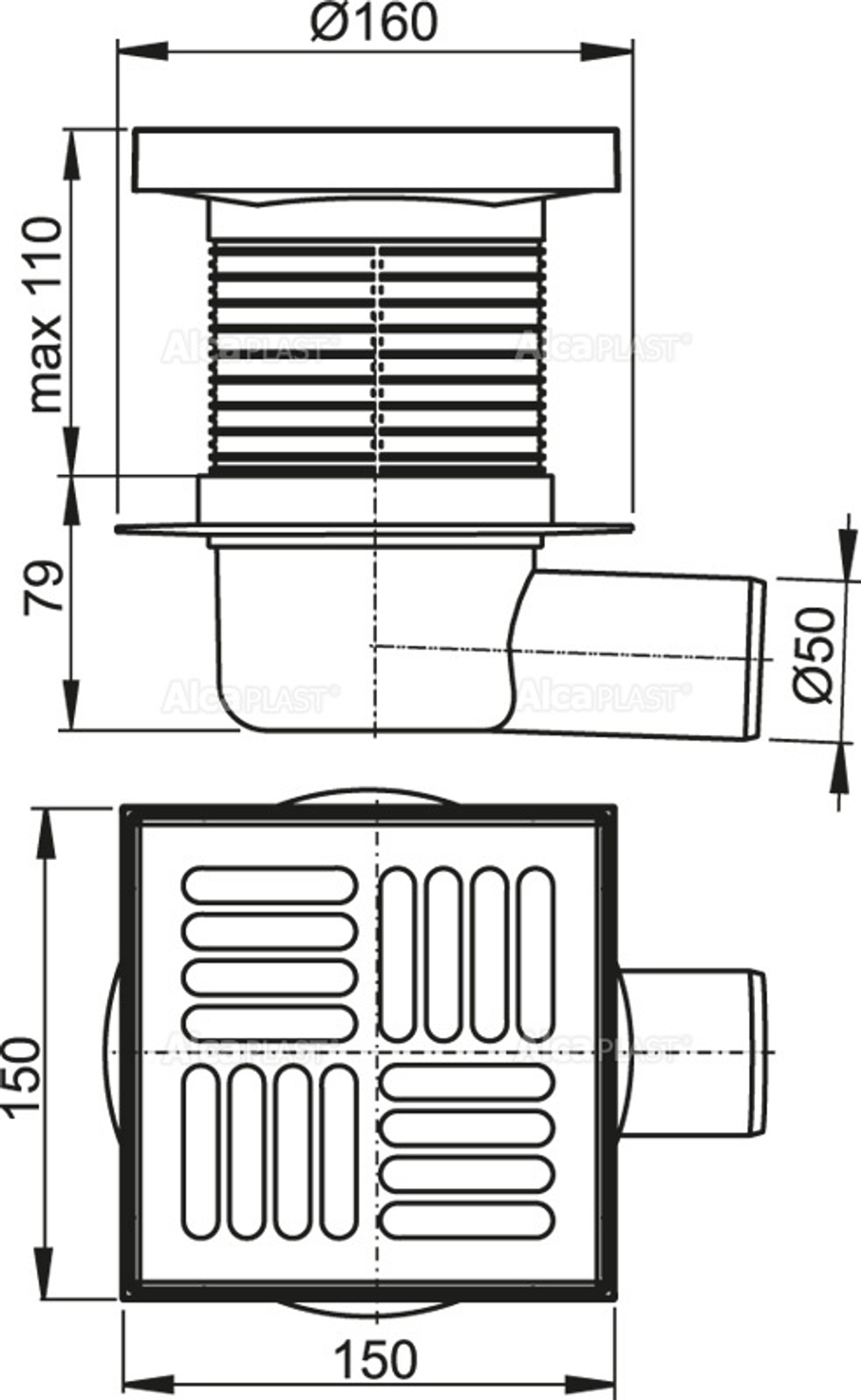 Сливной трап AlcaPlast APV5411 150 x 150/50