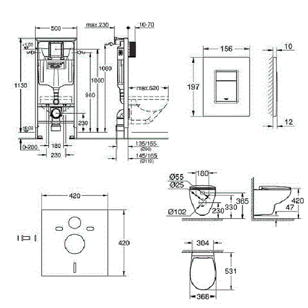 Комплект унитаза с инсталляцией Grohe Solido Compact 39586000 с сиденьем Микролифт и клавишей смыва Хром