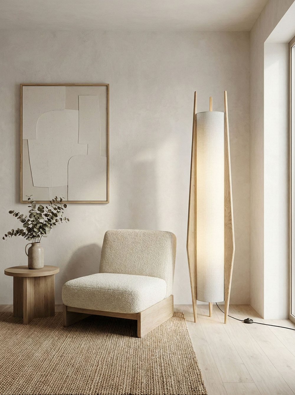 Дизайнерский торшер Teka из ясеня в светлом интерьере Scandi