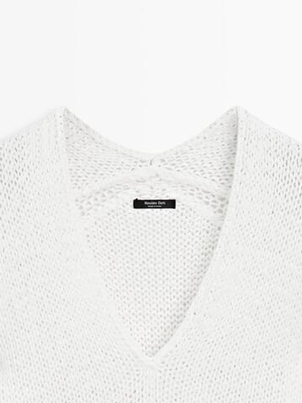 Massimo Dutti Свитер ажурной вязки с V-образным вырезом, белый
