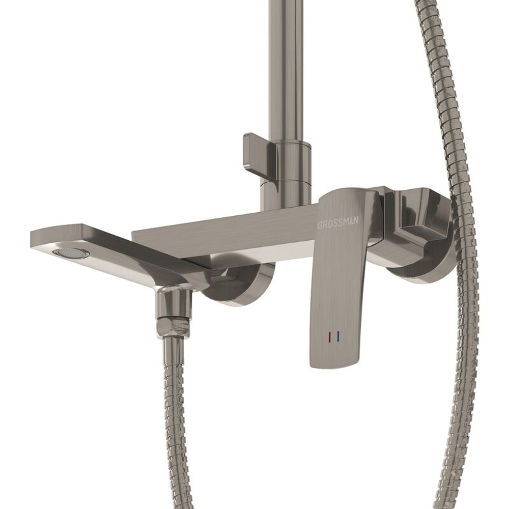 Душевая стойка Grossman Mercury 500.K35.10.120 с верхним душем,ручной лейкой и смесителем, брашированный никель,1 место