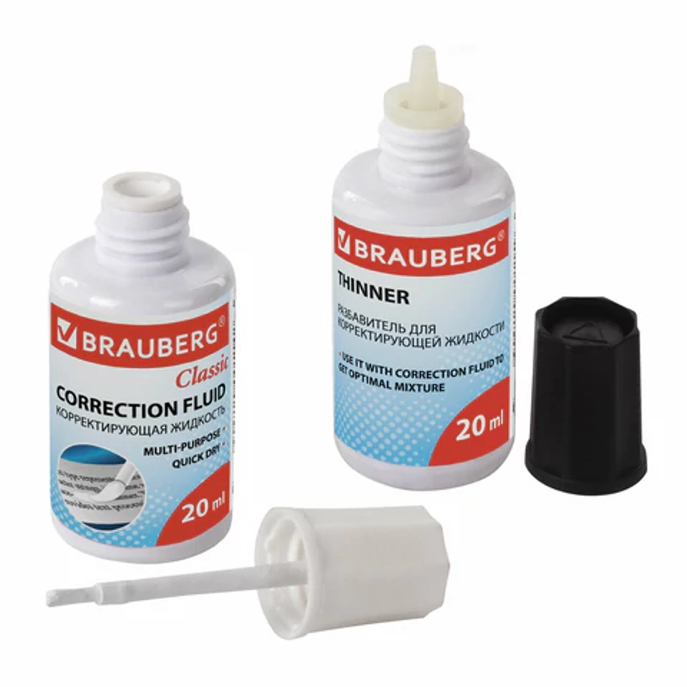 Корректирующий набор BRAUBERG, КОРРЕКТИРУЮЩАЯ ЖИДКОСТЬ + РАЗБАВИТЕЛЬ, 20+20 мл