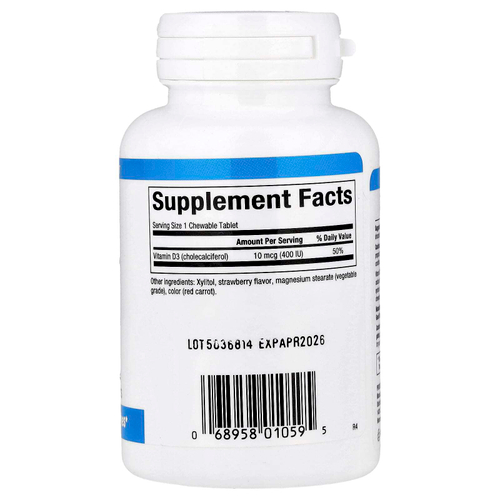 Natural Factors, витамин D3, для детей, с клубникой, 10 мкг (400 МЕ), 100 жевательных таблеток