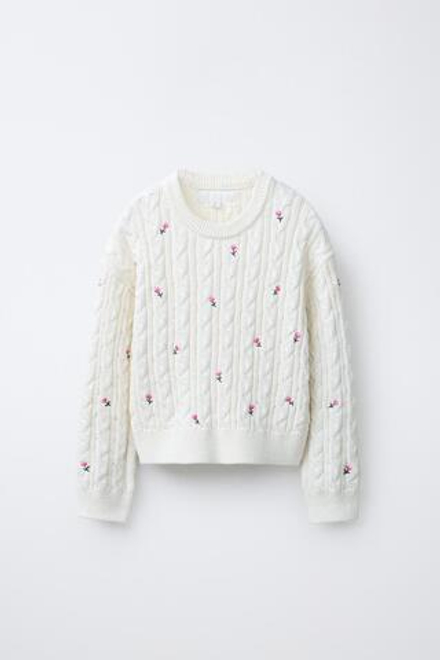 ZARA СВИТЕР С ВЫШИТЫМИ ЦВЕТАМИ, ЭКРЮ