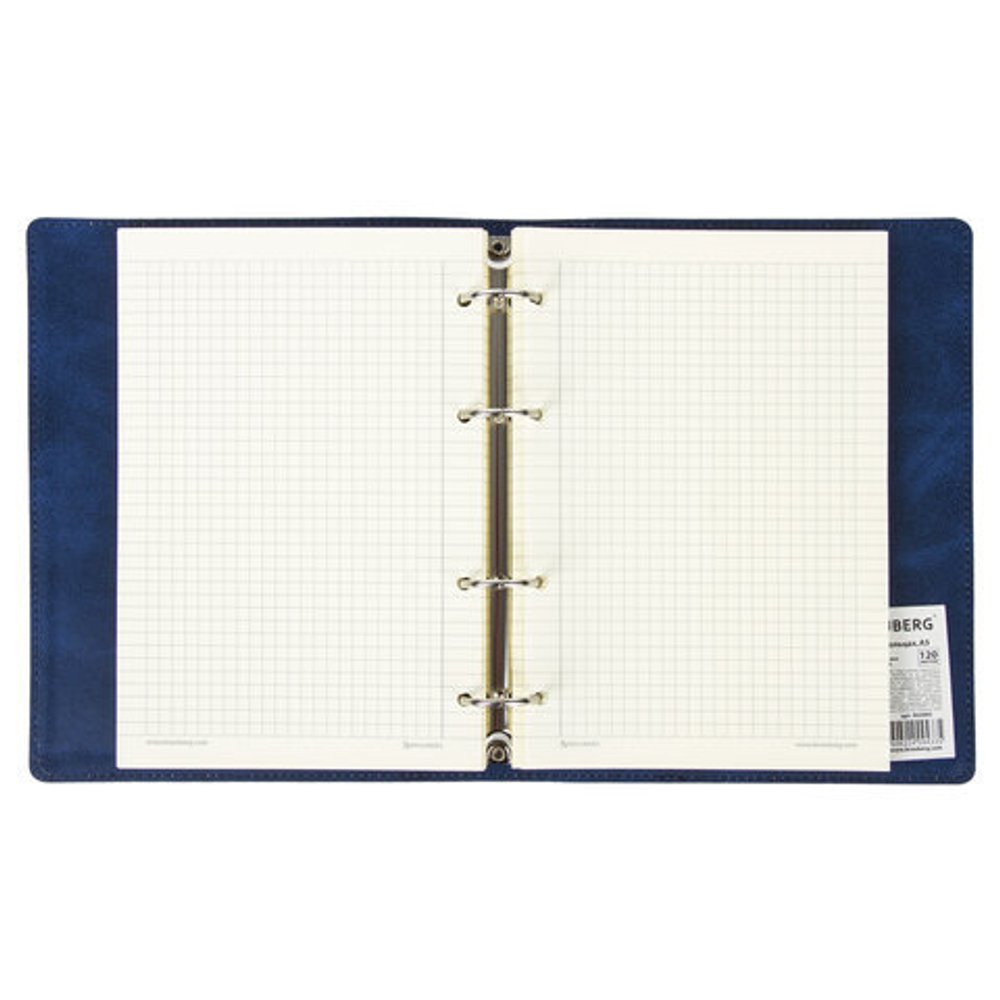 Тетрадь на кольцах А5 180х220мм, 120л, под кожу, BRAUBERG Main, клетка, синий, 402005