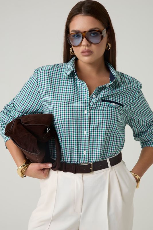 Рубашка в клетку c декоративным карманом, зеленый