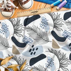 Ткань оксфорд 600 рисунок листьев и голубых камней на белом фоне