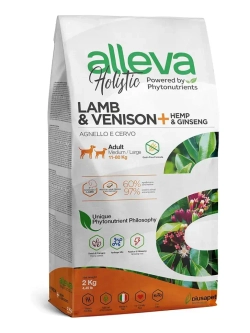 Alleva holistic adult lamb & venison medium/maxi сухой корм для взрослых собак с ягненком и олениной, коноплей и женьшенем - 2 кг